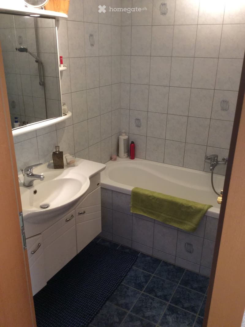Bathroom with a white sink, bathtub, mirror, and various toiletries including a green towel on the edge of the tub.