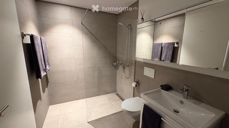 Modern bathroom with a toilet, sink, mirror, and shower. Light gray tiles and a sleek design.