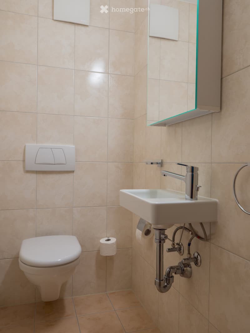 Modern bathroom with beige tiled walls and floor, featuring a toilet, sink with chrome faucet, mirror, and toilet paper holder.