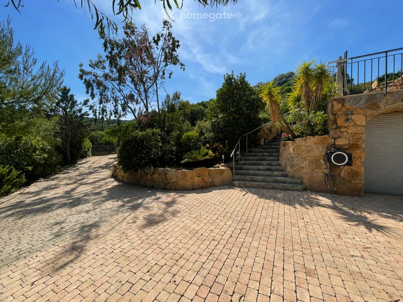 A well-maintained garden area with a brick-paved pathway, stone walls, stairs leading up, and lush greenery including trees and shrubs.