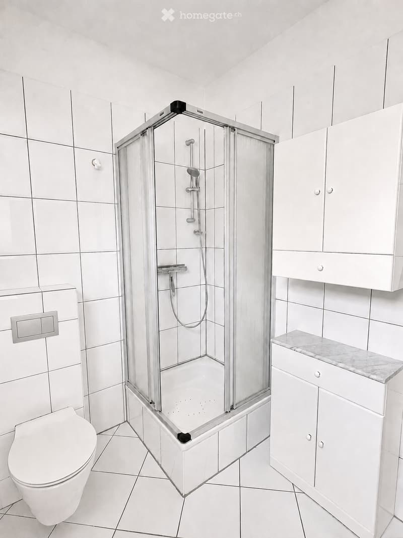Modern bathroom with white tiles, a glass-enclosed shower, a toilet, and a white cabinet with a marble countertop.