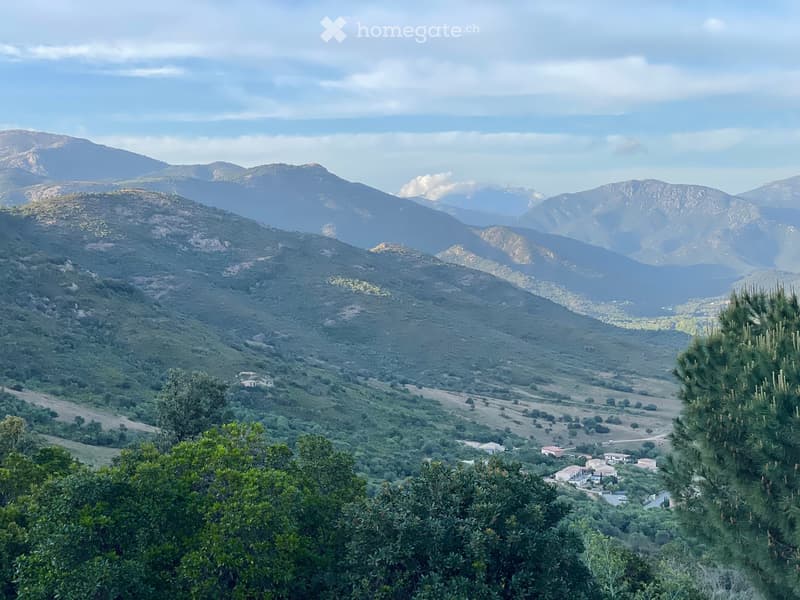 A panoramic view of a lush, green valley surrounded by mountains, with scattered houses and trees in the foreground.