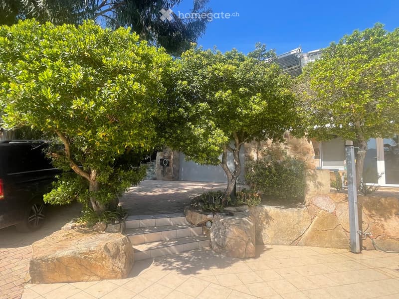A well-maintained garden area with a stone pathway, steps leading up to a house, and a large tree providing shade. The house features a stone facade and a garage with a closed door.