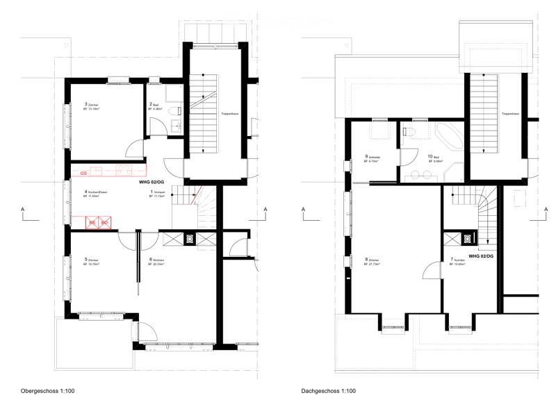 Floor plan showing two levels: upper floor with living room, kitchen-dining area, bedrooms, and bathrooms; lower level with additional bedroom, kitchen, and bathrooms.