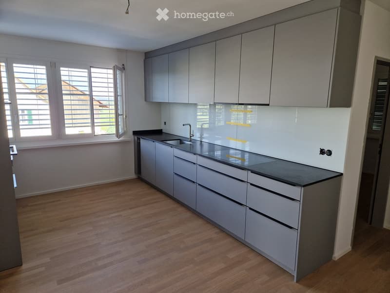 Modern kitchen with grey cabinets, a black countertop, and a wooden floor. Features a sink with a modern faucet and large windows with blinds.