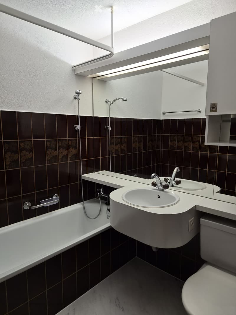 Modern bathroom with dark brown floral tiles, white bathtub, corner sink with dual faucets, and built-in mirrored cabinet.