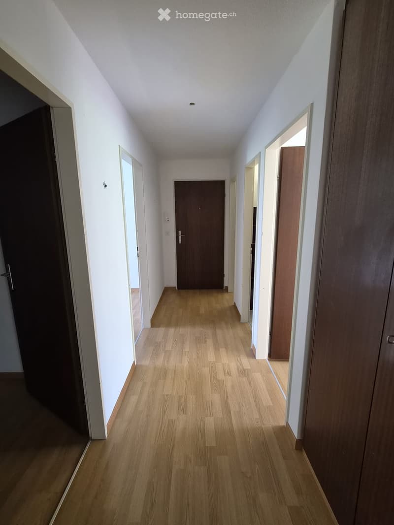 A long, narrow hallway with wooden flooring and white walls, featuring several closed doors and a slanted ceiling.