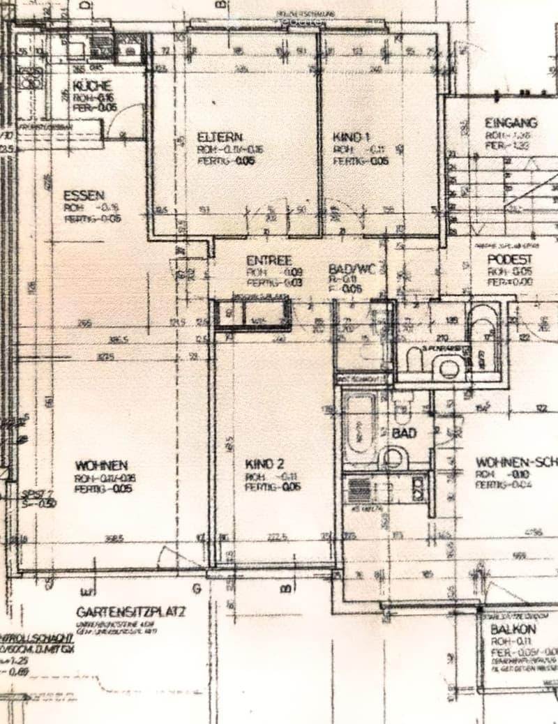 Floor plan showing a multi-room layout including kitchen, dining area, living room, bedrooms, bathrooms, entrance, and balcony.
