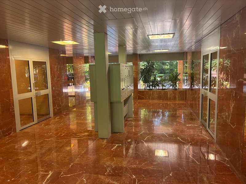 Spacious hallway with polished marble floors, marble walls, recessed lighting, and glass doors leading to outdoor areas.
