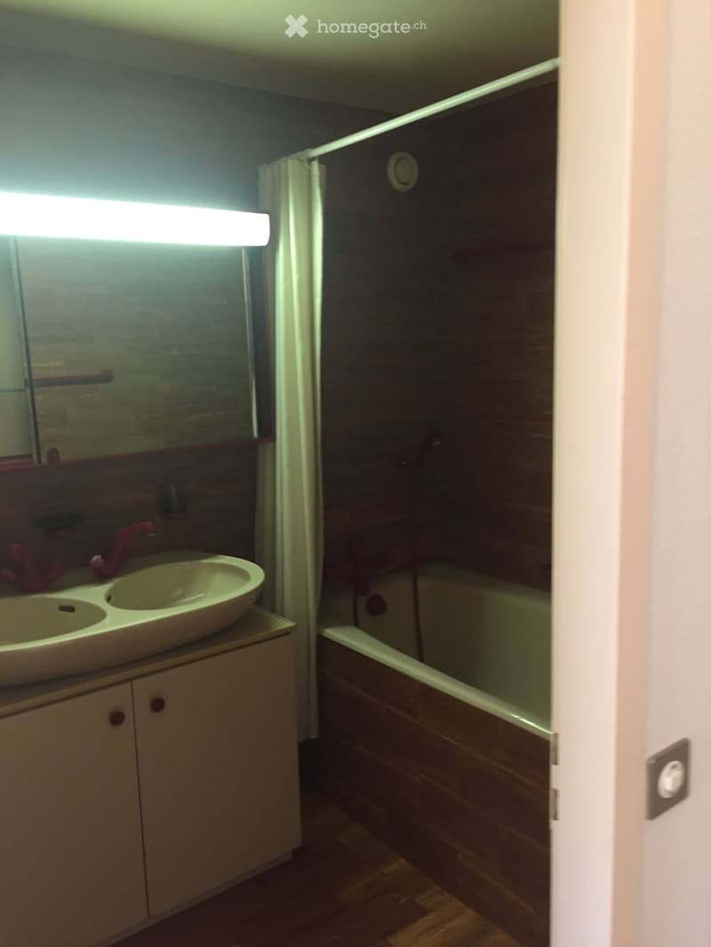 Bathroom with a double sink, mirror, bathtub, and wooden flooring.