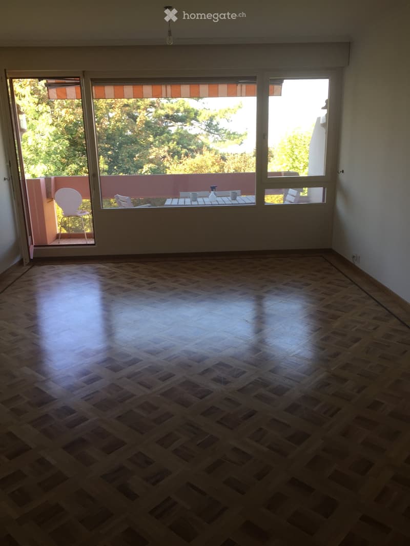 Empty room with wooden parquet flooring, large windows, and an open door leading to a small balcony with outdoor furniture.