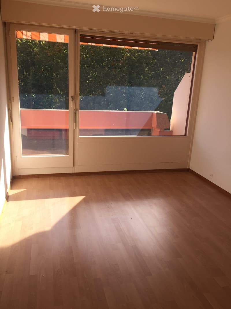 Empty room with wooden flooring and large sliding glass doors leading to a balcony or terrace area.