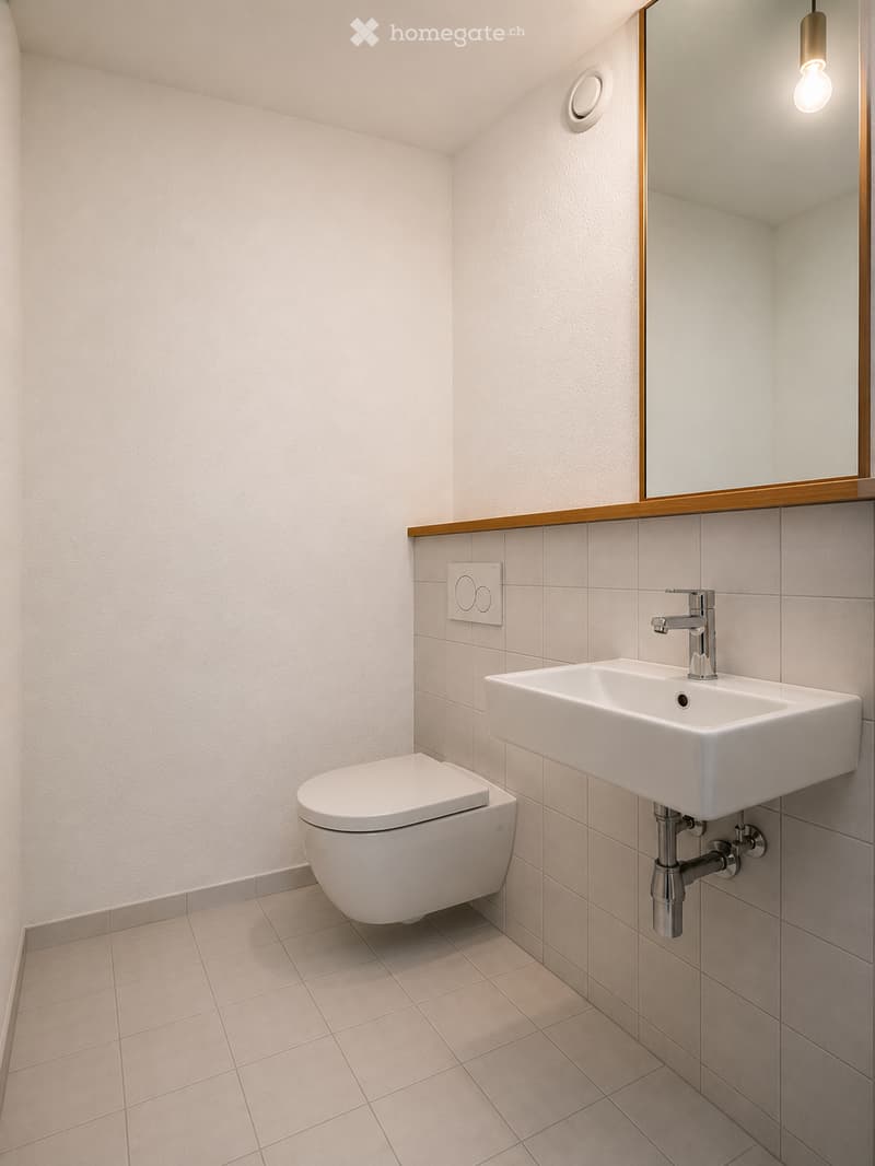 Modern bathroom with white tiled walls and floor, a toilet, a sink with a chrome faucet, and a mirror with a wooden frame.