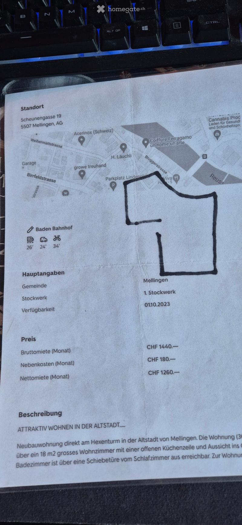 Floor plan of a 1st floor apartment in Mellingen, Switzerland, with a large living room, open kitchen area, and view of the old town.