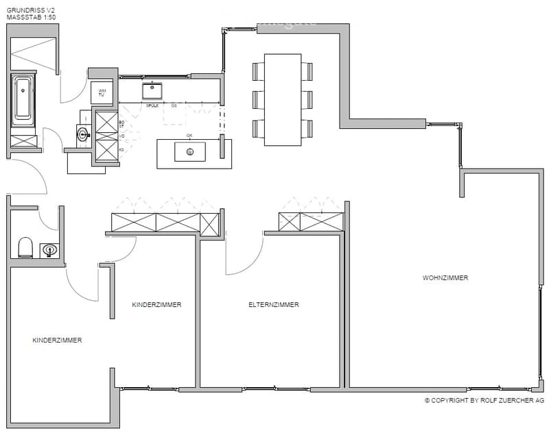 Floor plan of a house with multiple rooms including a living room, bedrooms, bathrooms, and a kitchen.