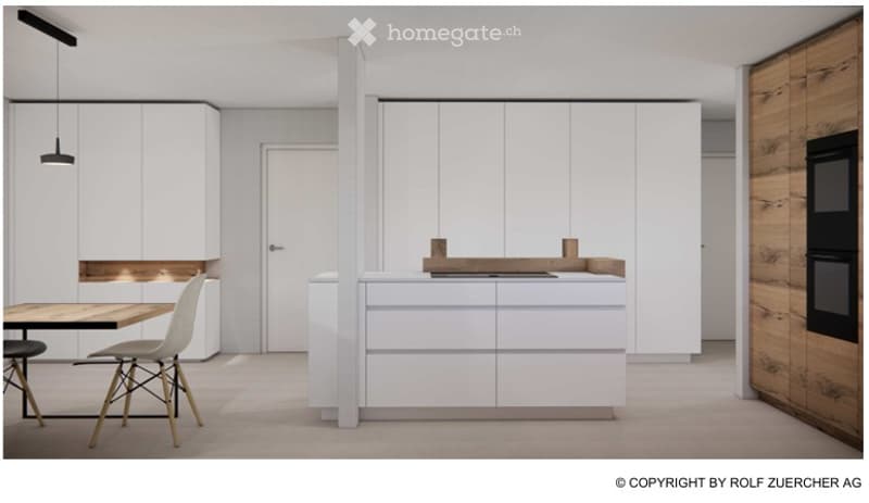 Modern kitchen with white cabinets, a central island, and a wooden dining area with chairs.