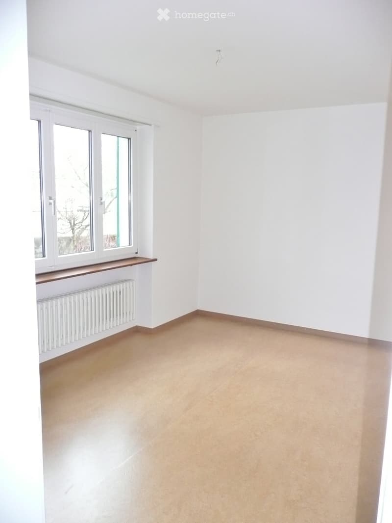 Empty room with white walls, beige floor, window with radiator underneath