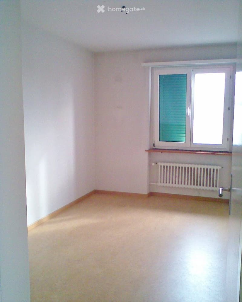 Empty room, white walls, beige wooden flooring, white radiator, open door