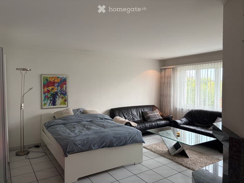 Modern bedroom with a large bed, leather sofa, glass coffee table, floor lamp, and a colorful painting on the wall. The room features large windows with sheer curtains and a tiled floor.
