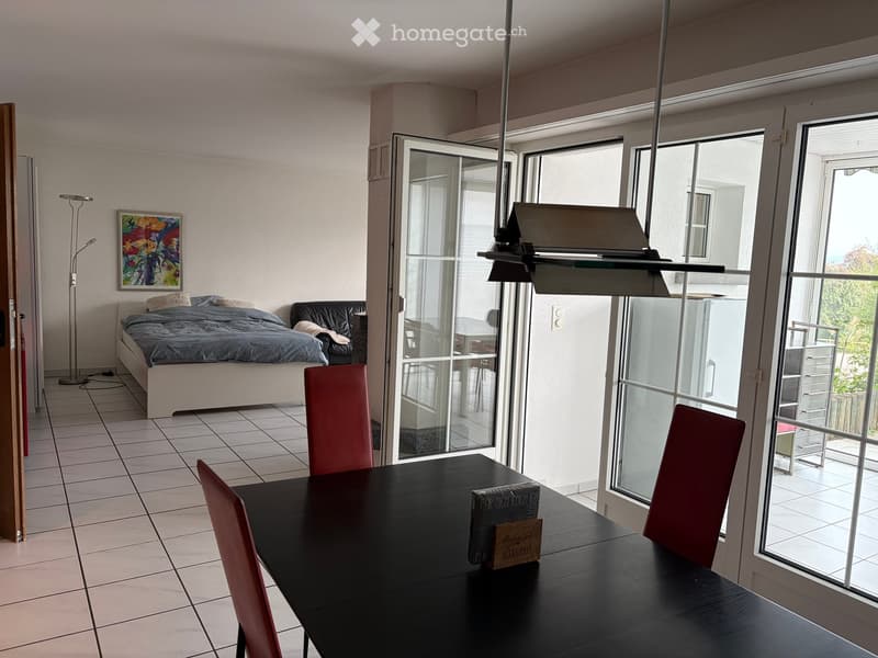 Bright, modern room with a bed, sofa, dining table, chairs, and a floor lamp. Large glass doors lead to a balcony.