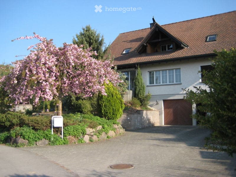 Two-story house with a red-tiled roof, white exterior, large garage, and well-maintained garden with flowering trees.