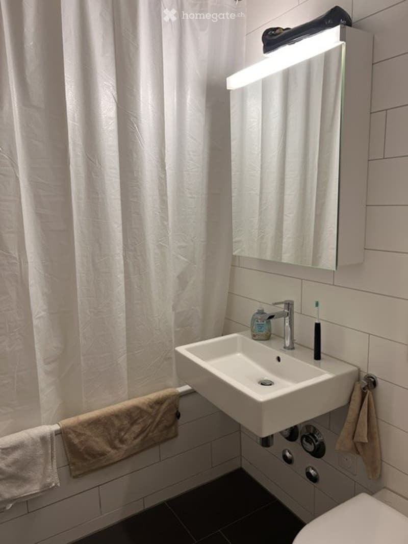 Modern bathroom with a white sink, mirror, and tiled walls. A towel hangs on the side, and a toothbrush is placed on the sink.