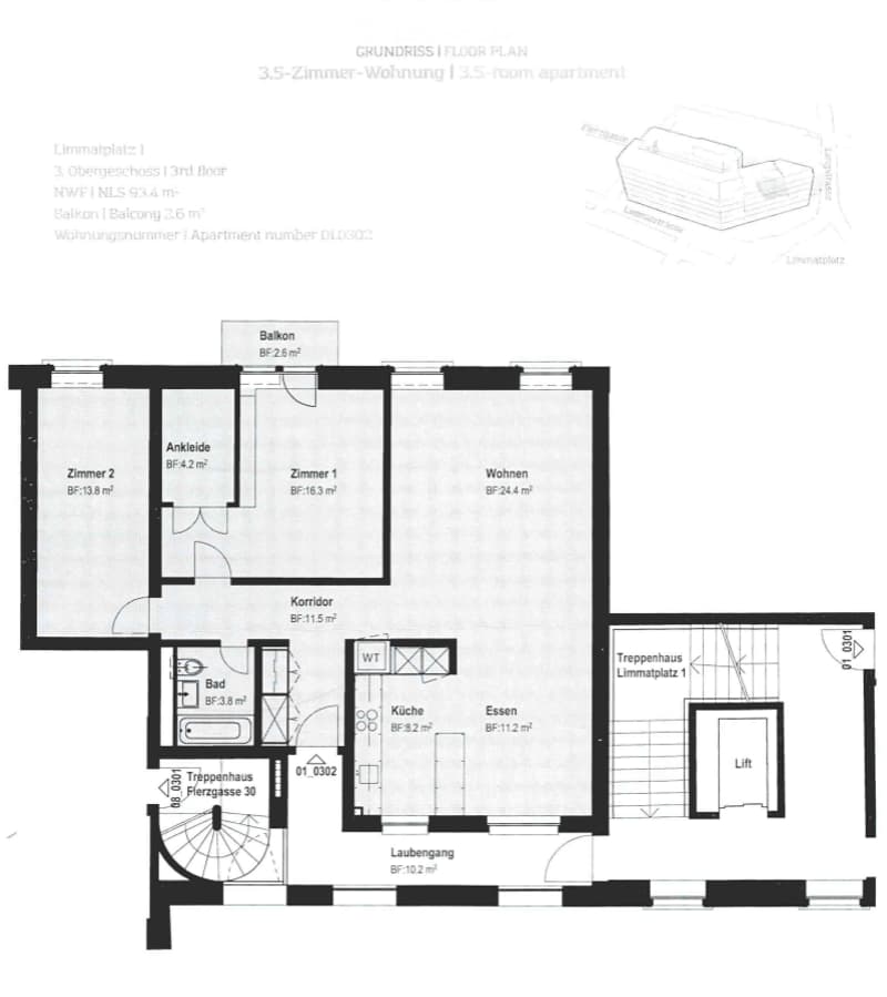 Floor plan of a 3.5-room apartment on the 3rd floor, featuring a living room, two bedrooms, a kitchen, a bathroom, a balcony, and a hallway.