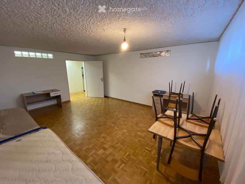 A furnished room with a sofa, a bed, a table with chairs, and a shelf. The room has wooden flooring and white walls.