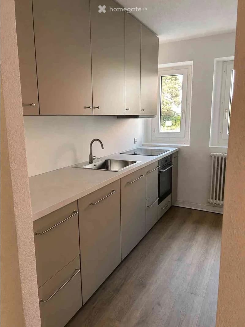 Modern kitchen with light grey cabinets, a stainless steel sink, and a built-in oven. The space features light wooden flooring and large windows allowing natural light.