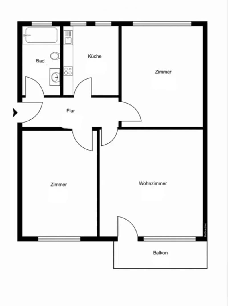 Floor plan of a 3-room apartment with a kitchen, bathroom, living room, and balcony.