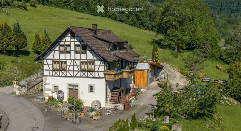 Traditional half-timbered house with a brown tiled roof, surrounded by lush green hills and trees. The house features multiple windows, a small balcony, and a wooden outbuilding with a water wheel.