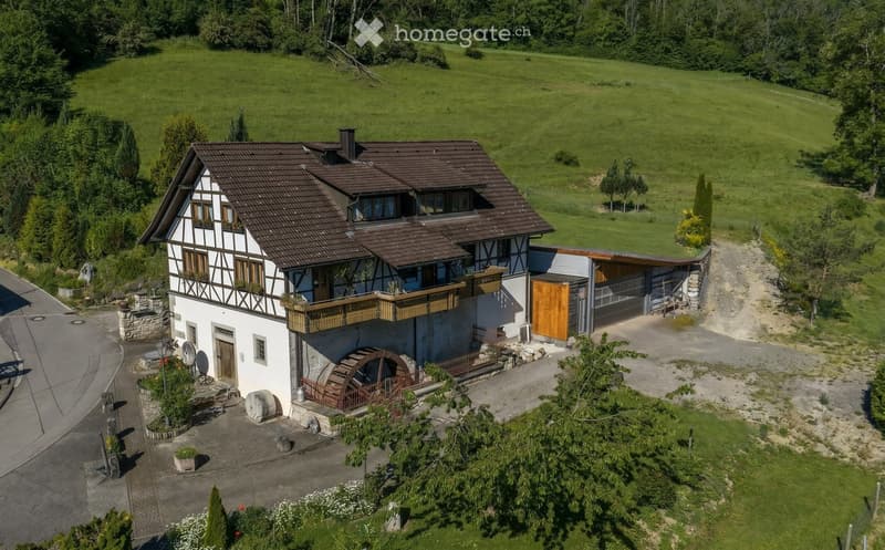 A two-story house with a traditional half-timbered design, featuring a brown tiled roof, multiple windows, a balcony, and a garage. The property is surrounded by a green landscape with trees and a water wheel near the entrance.