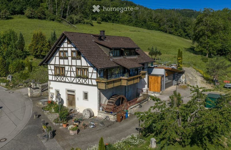 A two-story traditional house with a brown tiled roof, white and black timber framing, and a balcony. The house is surrounded by a garden with various plants and a water wheel near the entrance.