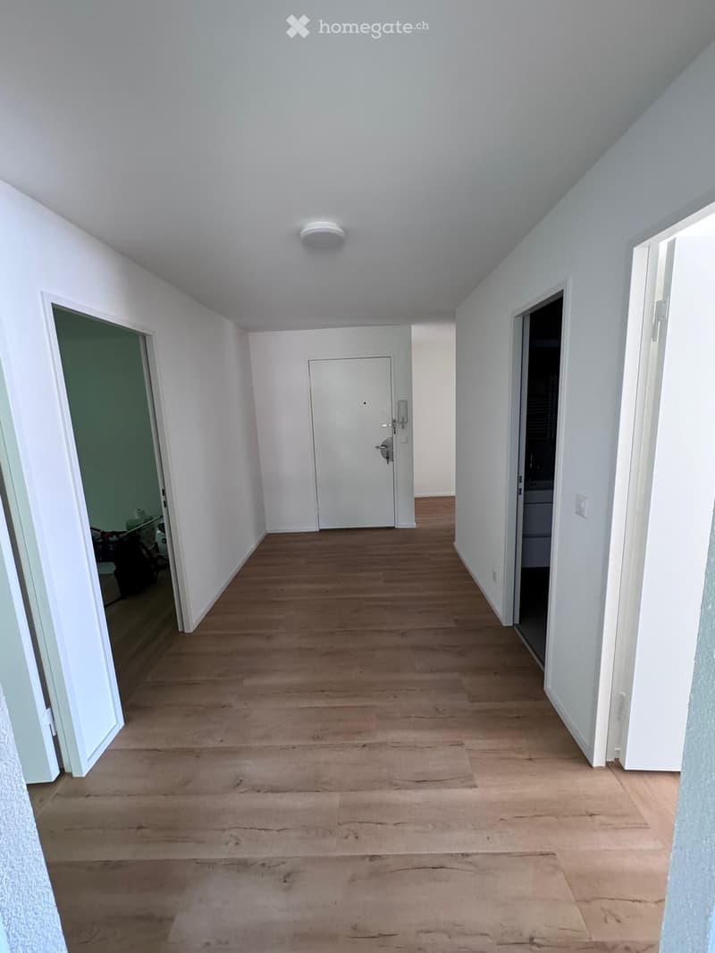 Empty hallway with white walls, wooden flooring, and several doors leading to other rooms.