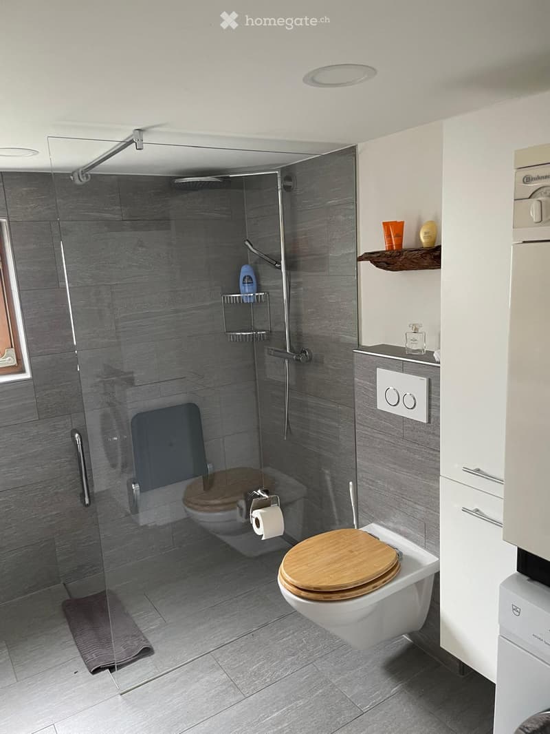 Modern bathroom with grey tiled walls and floor, featuring a toilet with a wooden seat, a glass-enclosed shower with a handheld showerhead, a towel on the floor, and a small shelf with toiletries.