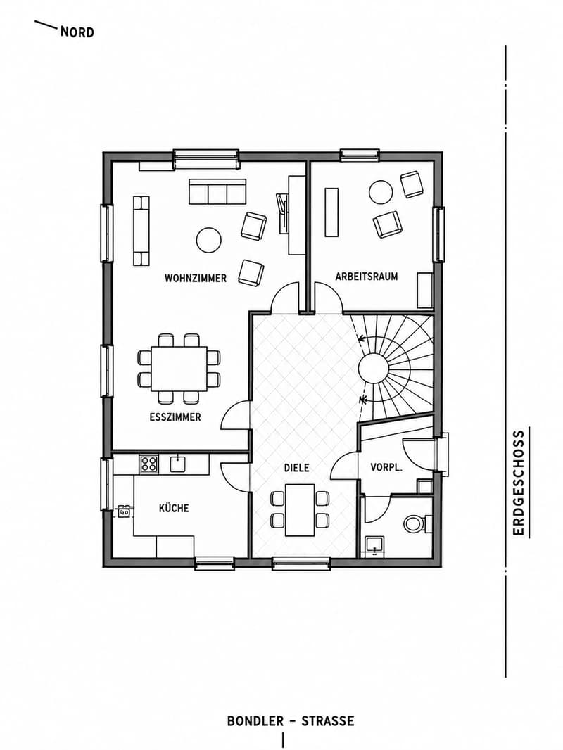 Floor plan of a 1st floor apartment with living room, dining room, kitchen, work room, hallway, and bathroom.