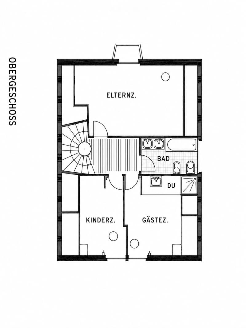 Layout of a two-story house with labeled rooms: Elternzimmer (parent's room), Badezimmer (bathroom), DU (shower), Kinderzimmer (children's room), and Gästezimmer (guest room).