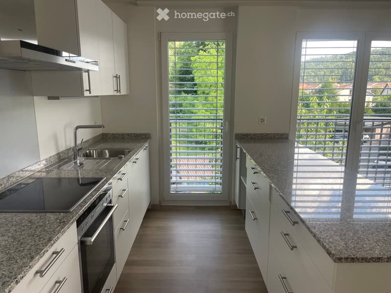 Modern kitchen with white cabinets, granite countertops, stainless steel sink and oven, and large windows overlooking a green area.