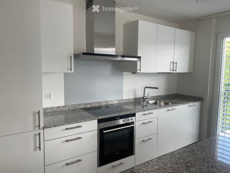 Modern kitchen with white cabinets, granite countertop, stainless steel oven, sink, and range hood.