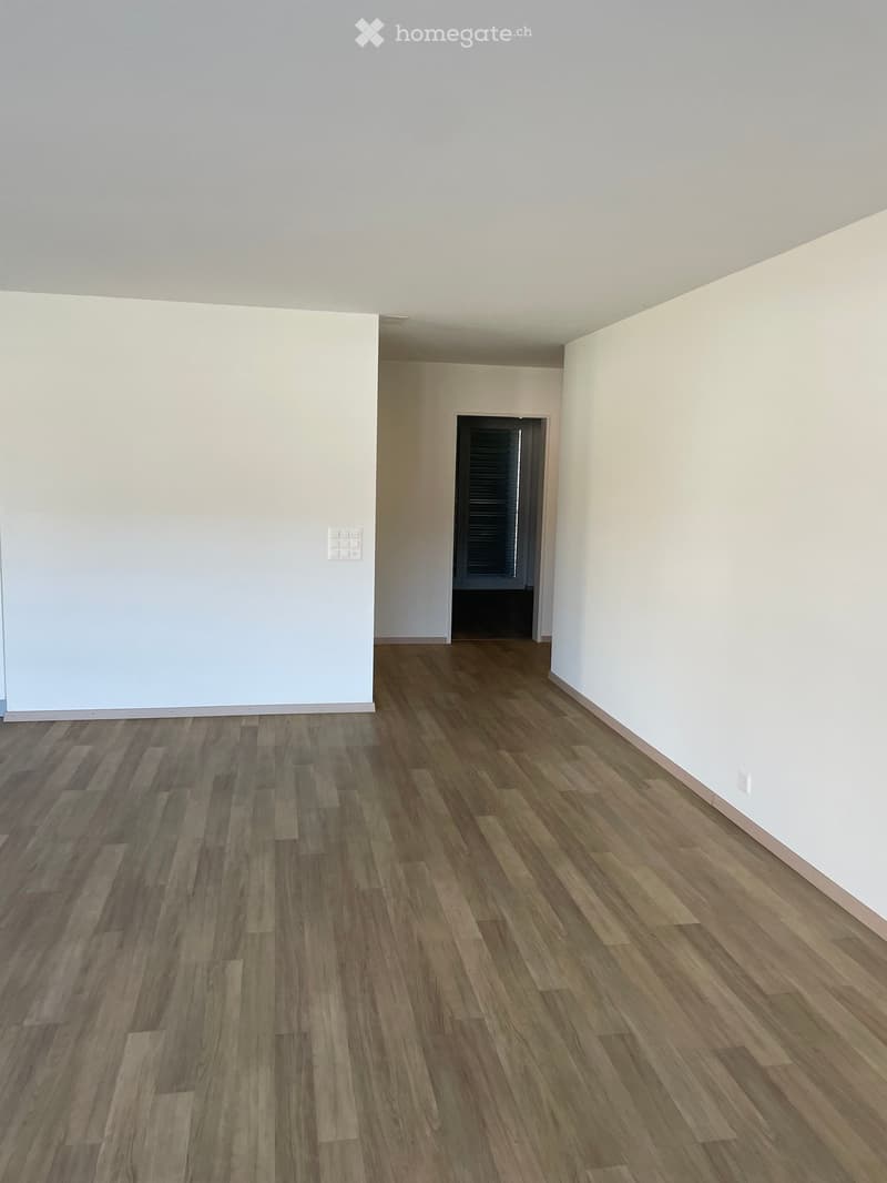 Empty room with light-colored walls and wooden flooring, featuring a doorway leading to another space.