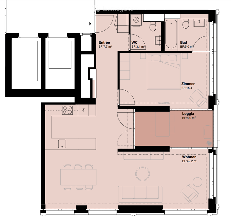 Floor plan of a 2-room apartment with a living area, bedroom, bathroom, and entrance. Includes a kitchen area with appliances, a dining area, and a loggia.