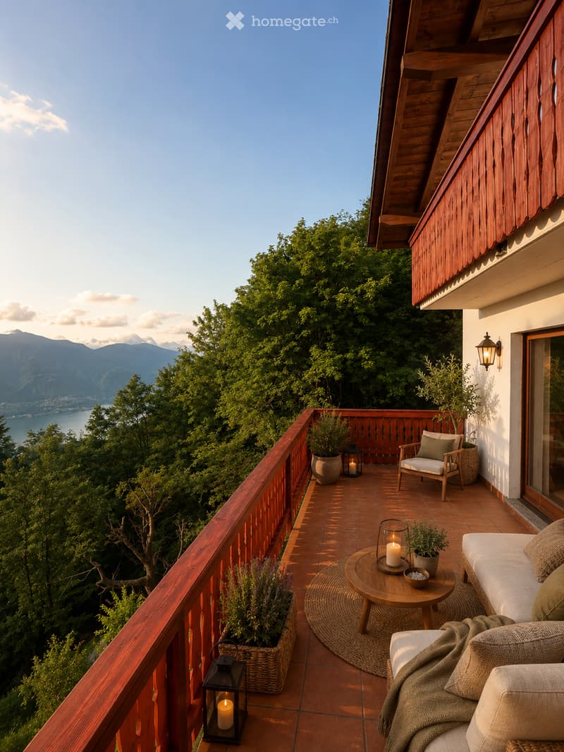 Balcony with wooden railing, tiled floor, sofa, coffee table, chairs, lanterns, and potted plants, overlooking a scenic mountain and lake view.