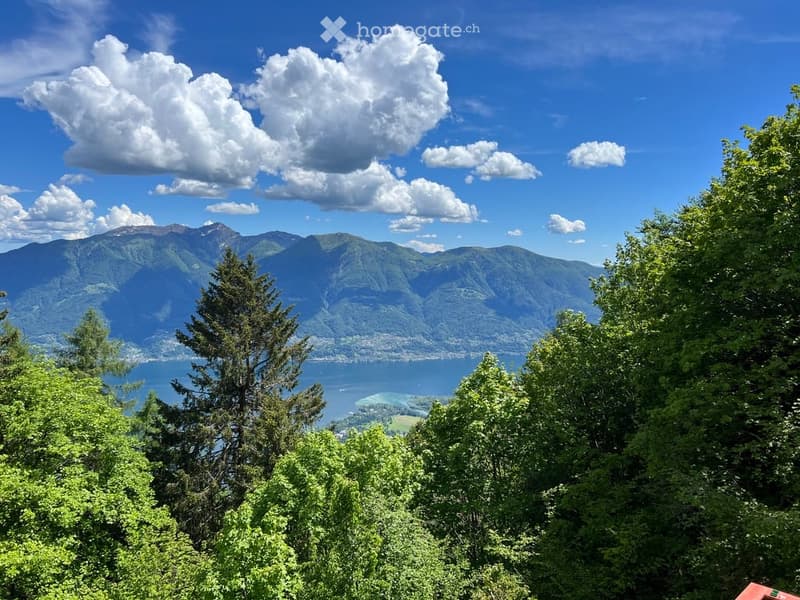 Panoramic view of mountains and a lake surrounded by lush green trees under a partly cloudy sky.