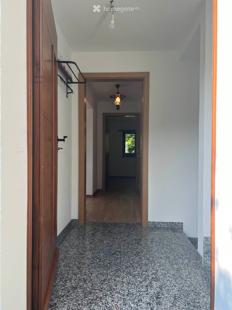 A long, narrow hallway with a tiled floor and white walls, featuring wooden doors and a hanging light fixture.