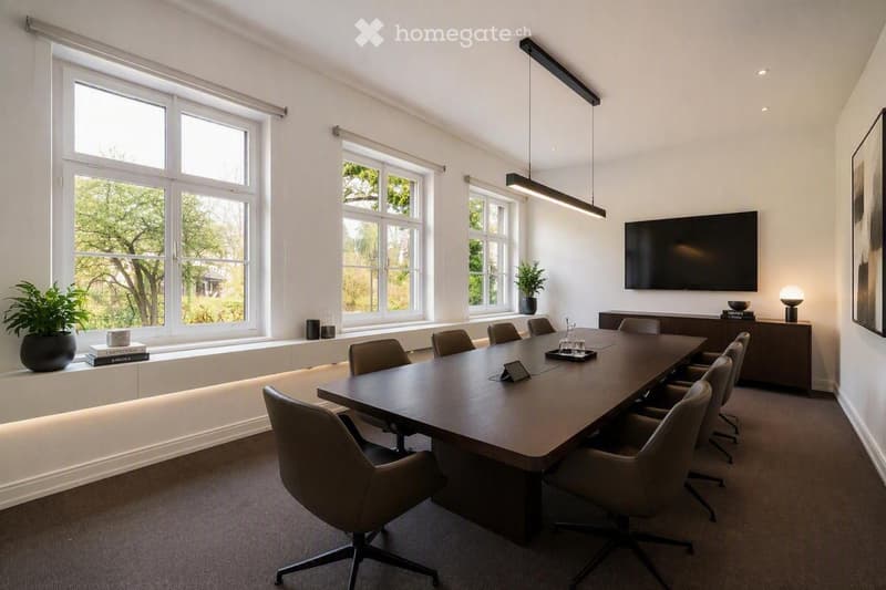 Modern conference room with large windows, a long wooden table surrounded by chairs, a flat-screen screen mounted on the wall, a small cabinet with books and a lamp, and potted plants on the windowsill.