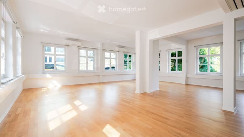 Bright, empty room with wooden flooring and large windows, featuring white walls and columns.