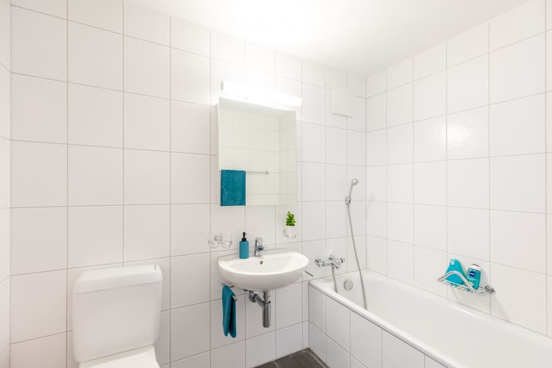 Modern bathroom with white tiled walls and floor, featuring a toilet, sink, bathtub, mirror, and small plant on the wall.