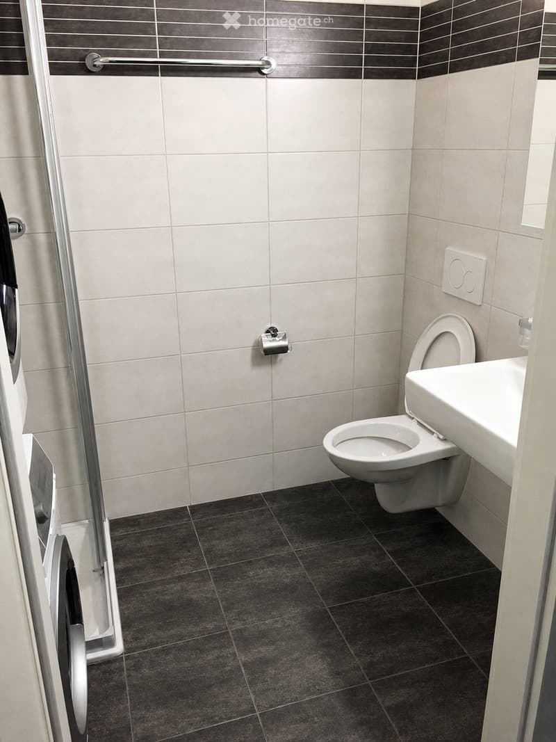 Modern bathroom with white tiles, dark grey floor tiles, toilet, sink, and a shower handle visible.