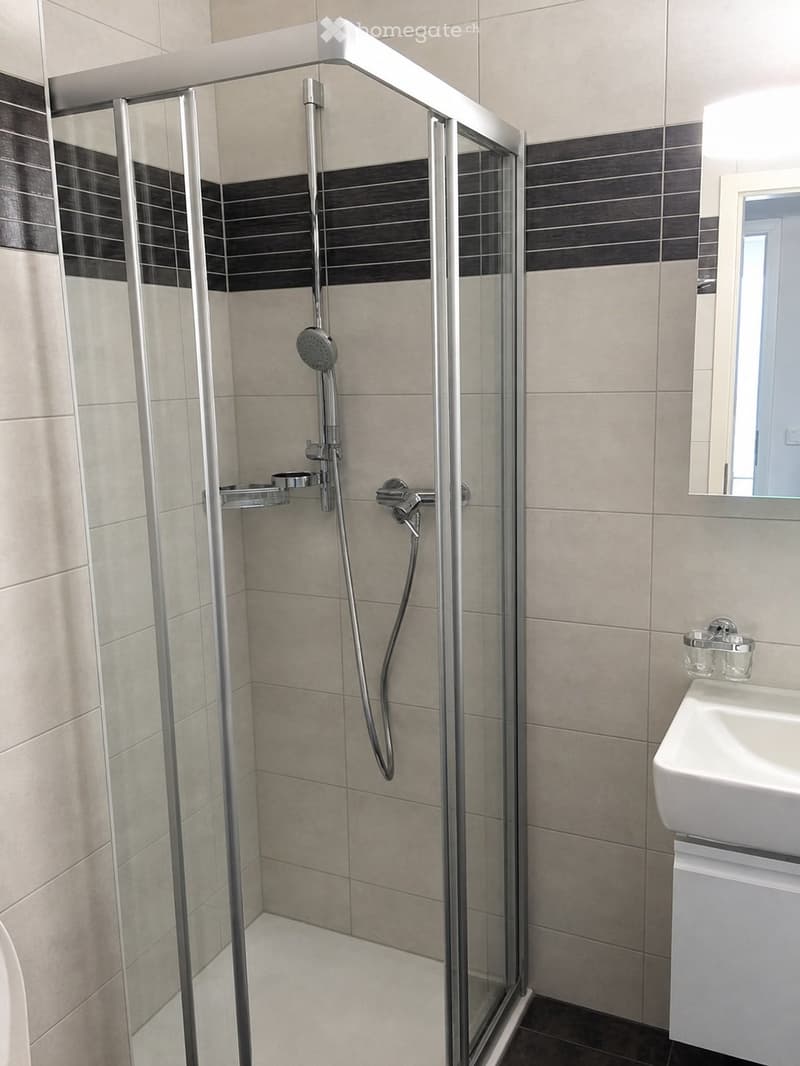 Modern bathroom with a glass-enclosed shower stall, a white sink with a mirror, and a sleek faucet.
