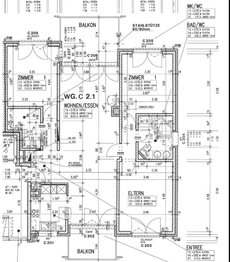 Floor plan with living room, bedrooms, balcony, bathrooms, and kitchen